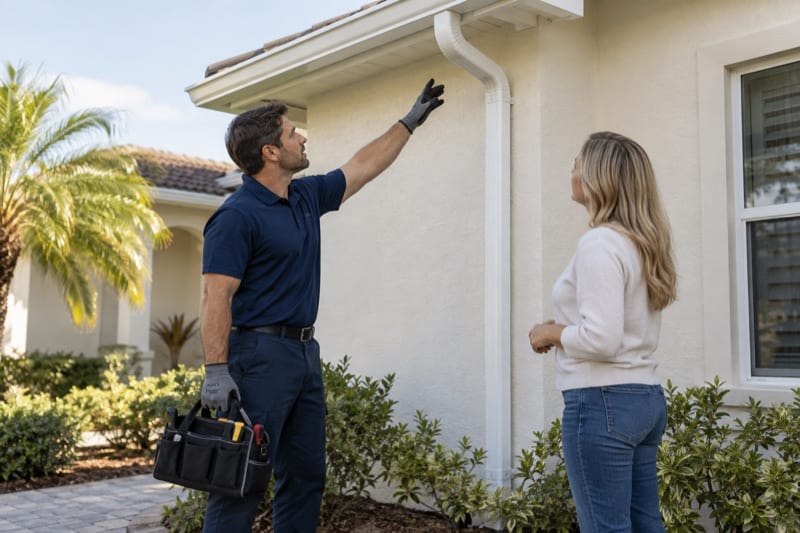A gutter technician discussing the downspout with a homeowner