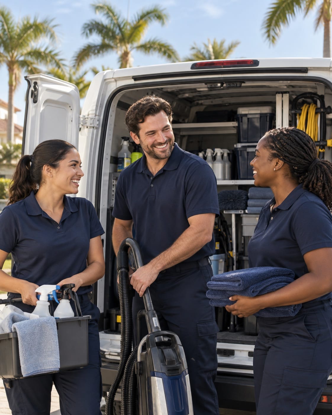 Cleaning colleagues organizing their equipment before a workday