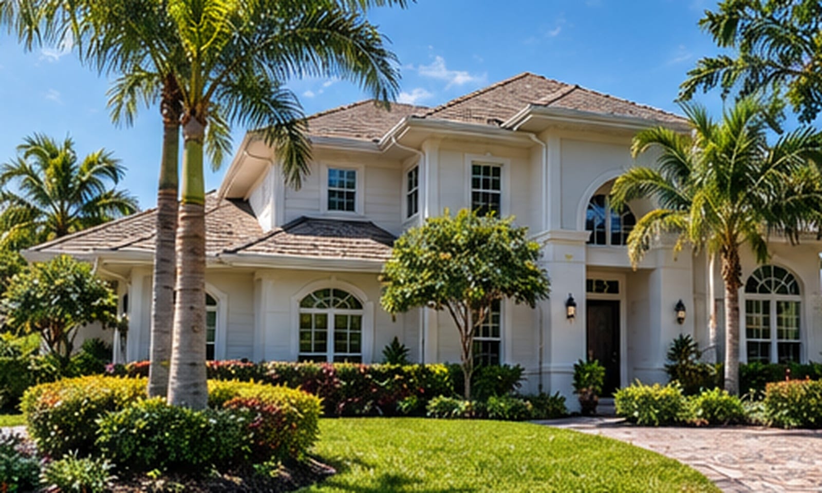 A two-story home with gutters along both roof lines