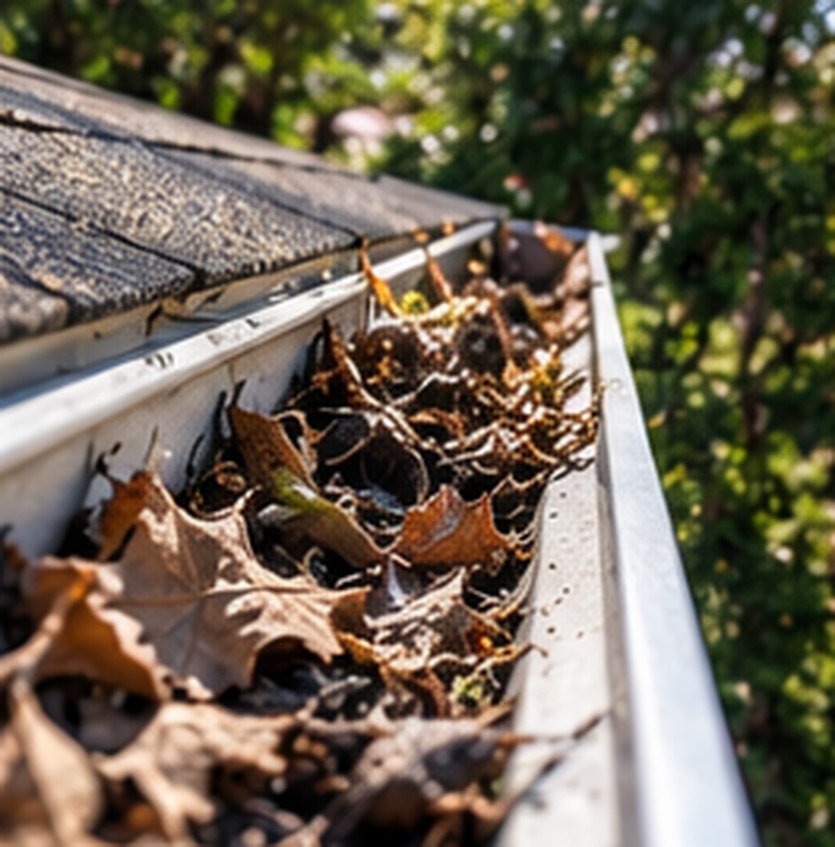 A gutter run packed with leaves before cleaning