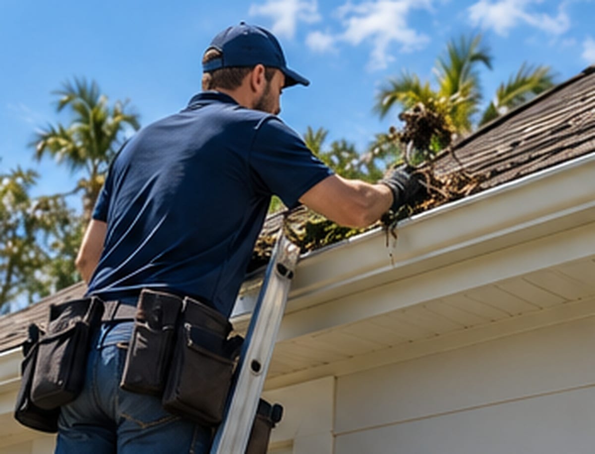 A Homesheen technician clearing a gutter from a ladder