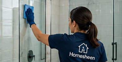 A cleaner working on a shower screen